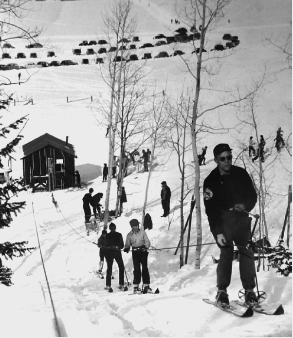 Old Man's Flats rope tow tugs people up the mountain in 1940 at Snow King Mountain in Jackson Hole, WY.