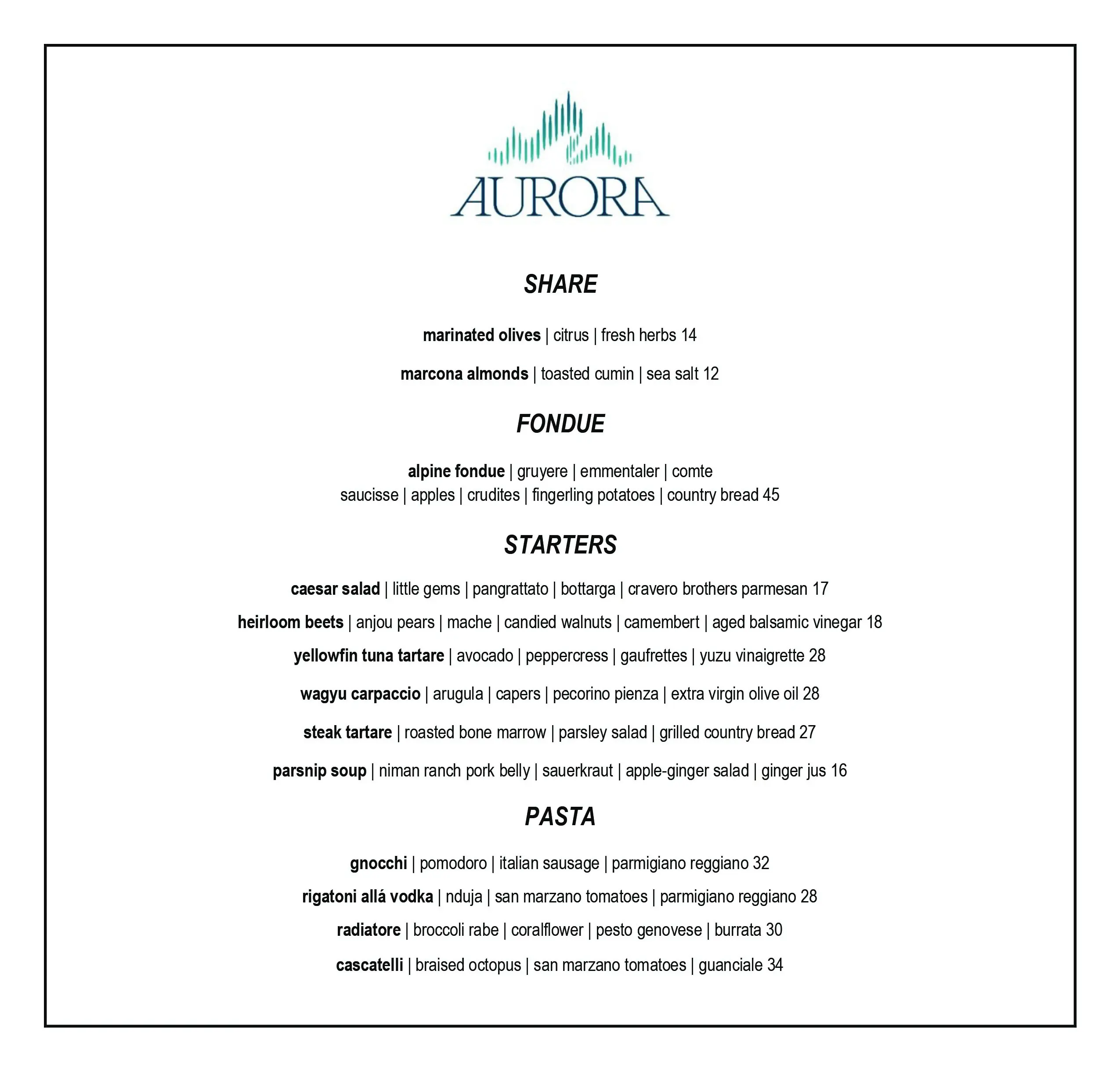 Winter Season Sample Menu