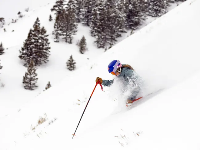 Skier in a blue helmet carving through deep powder on a tree-lined slope at Snow King Mountain in Jackson, Wyoming